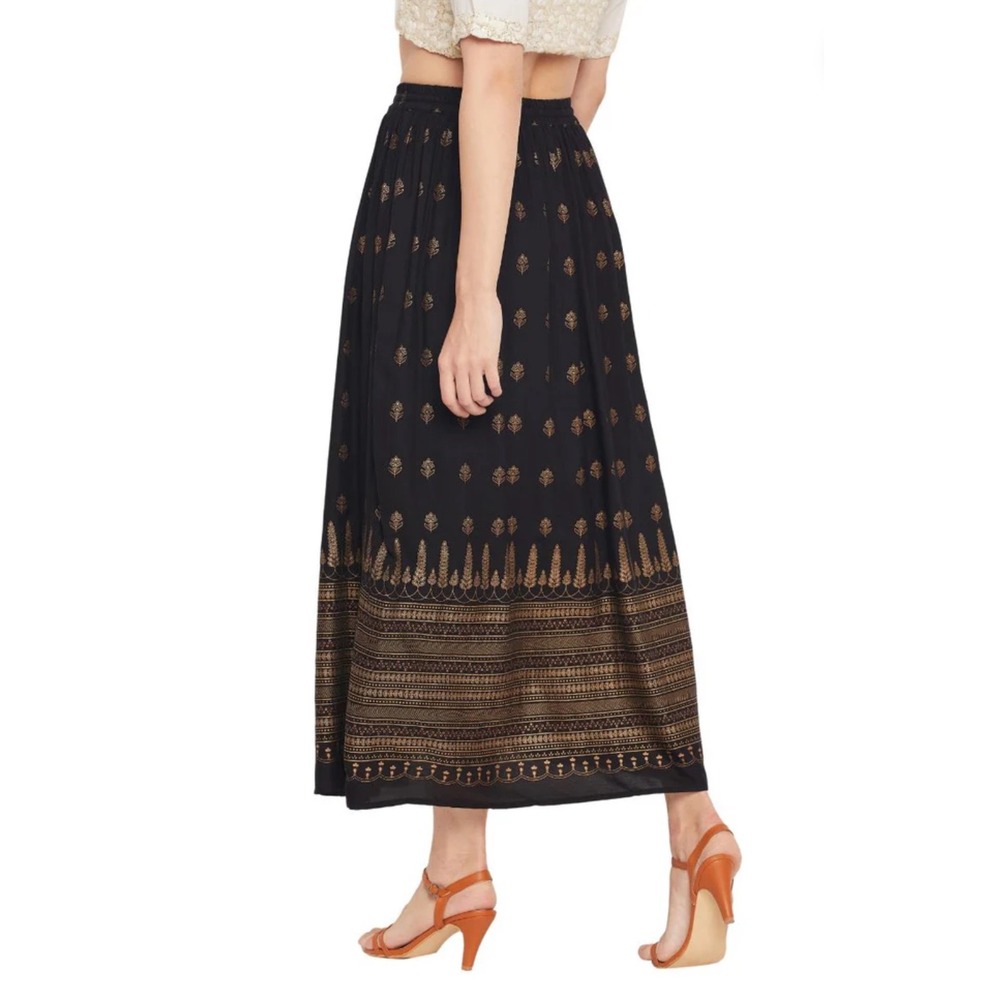 Gypsie Blu Women's Gold Foil Print Black RAYON Wear Boho Skirts size Medium - Picture 2 of 11
